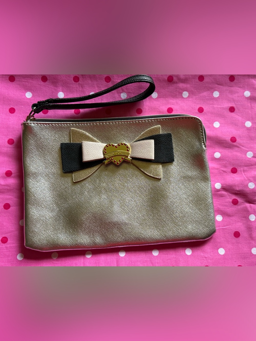 Betsey Johnson Silver Beige Black Gold Metallic Bow Wristlet Clutch Bag